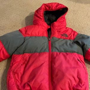 Boys red and grey puffy north face coat